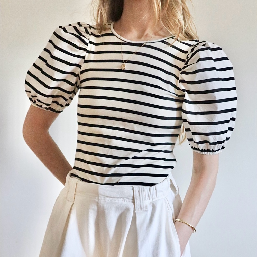 Black and White Striped Puff Sleeve Top
